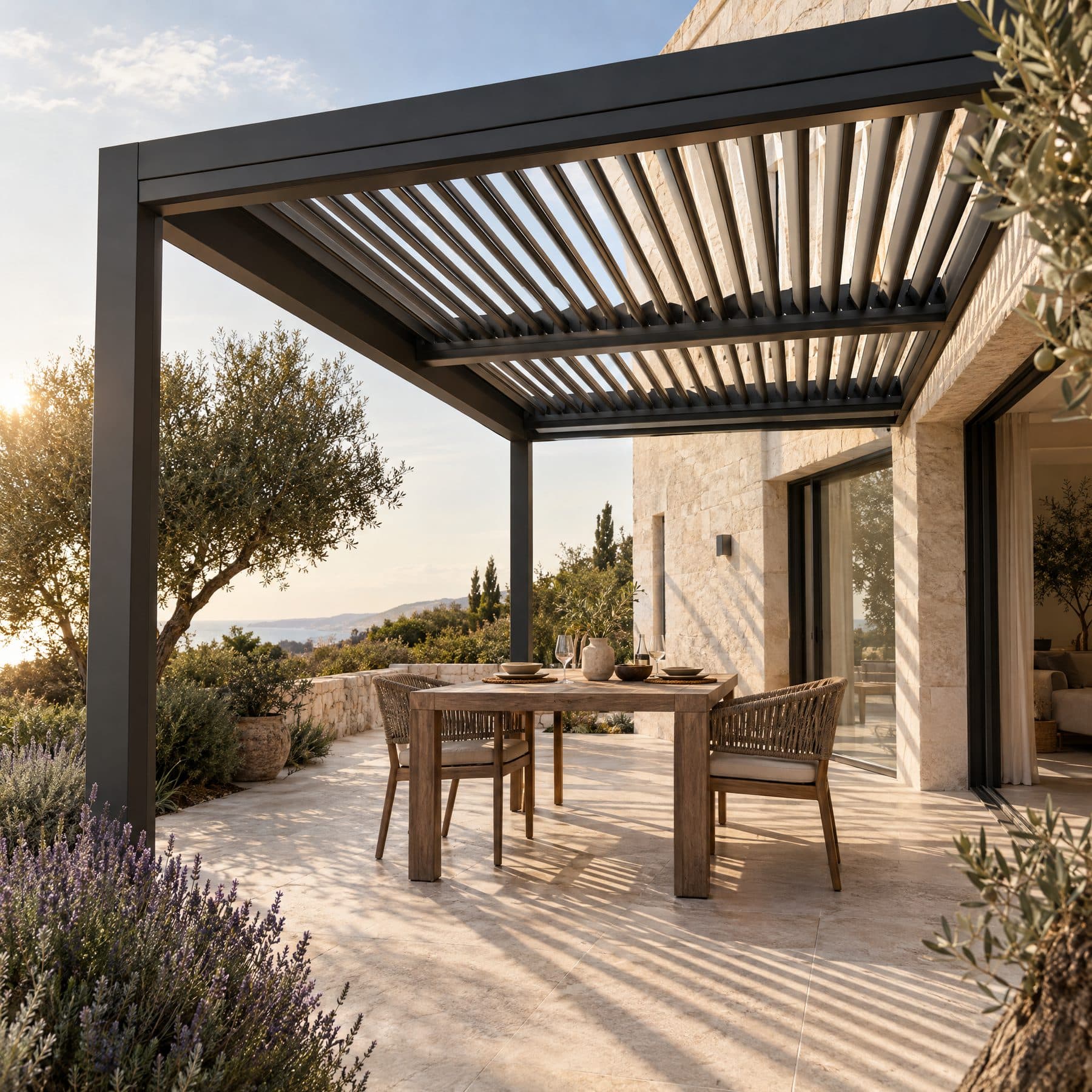Taş zeminli terasta lamelleri açık antrasit bioklimatik pergola ve yemek masası