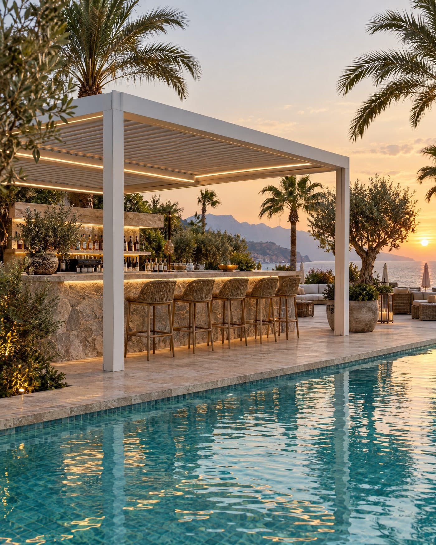 Havuz başındaki barda LED aydınlatmalı beyaz bioklimatik pergola (temsili görsel)