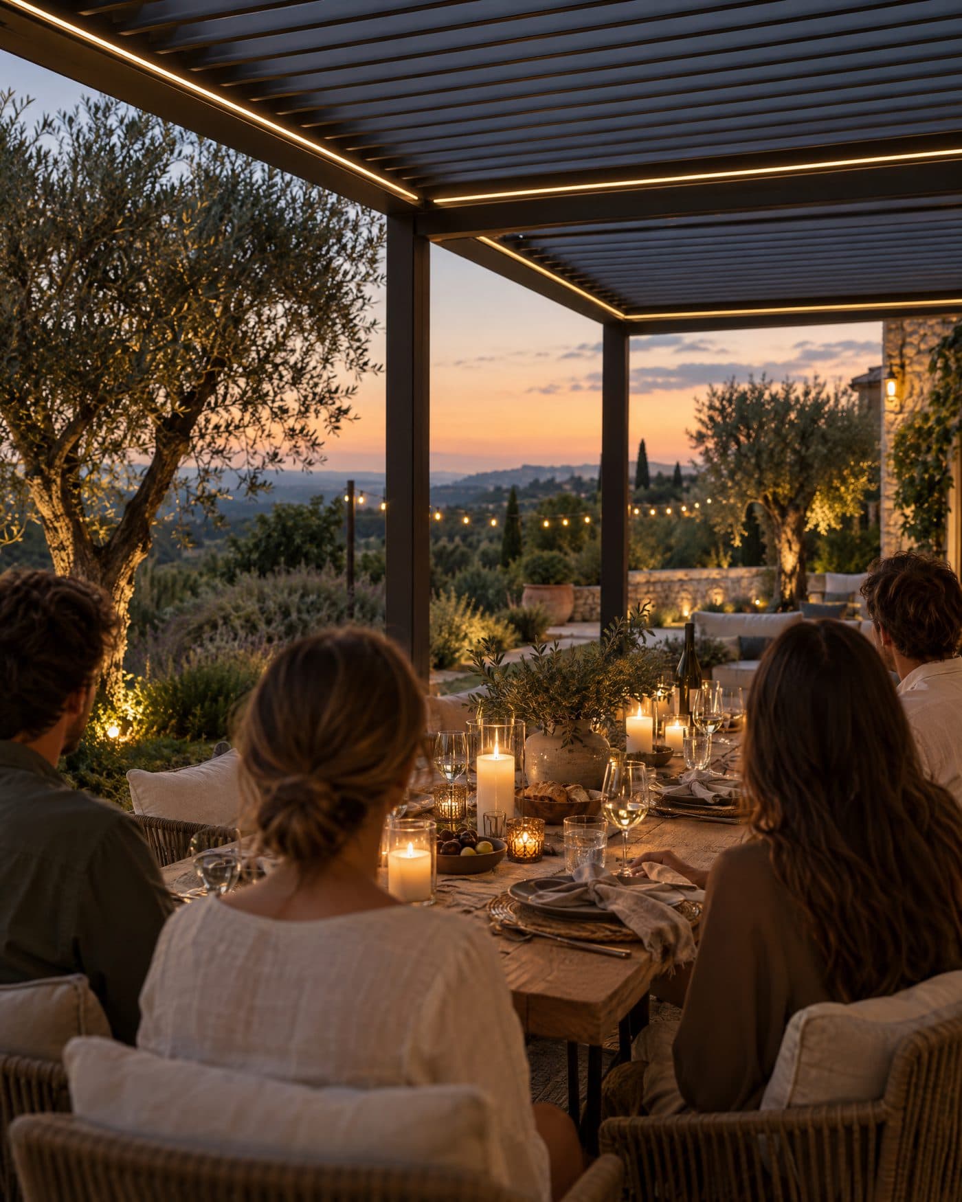 Akşam saatinde LED aydınlatmalı pergola altında yemek yiyen bir grup